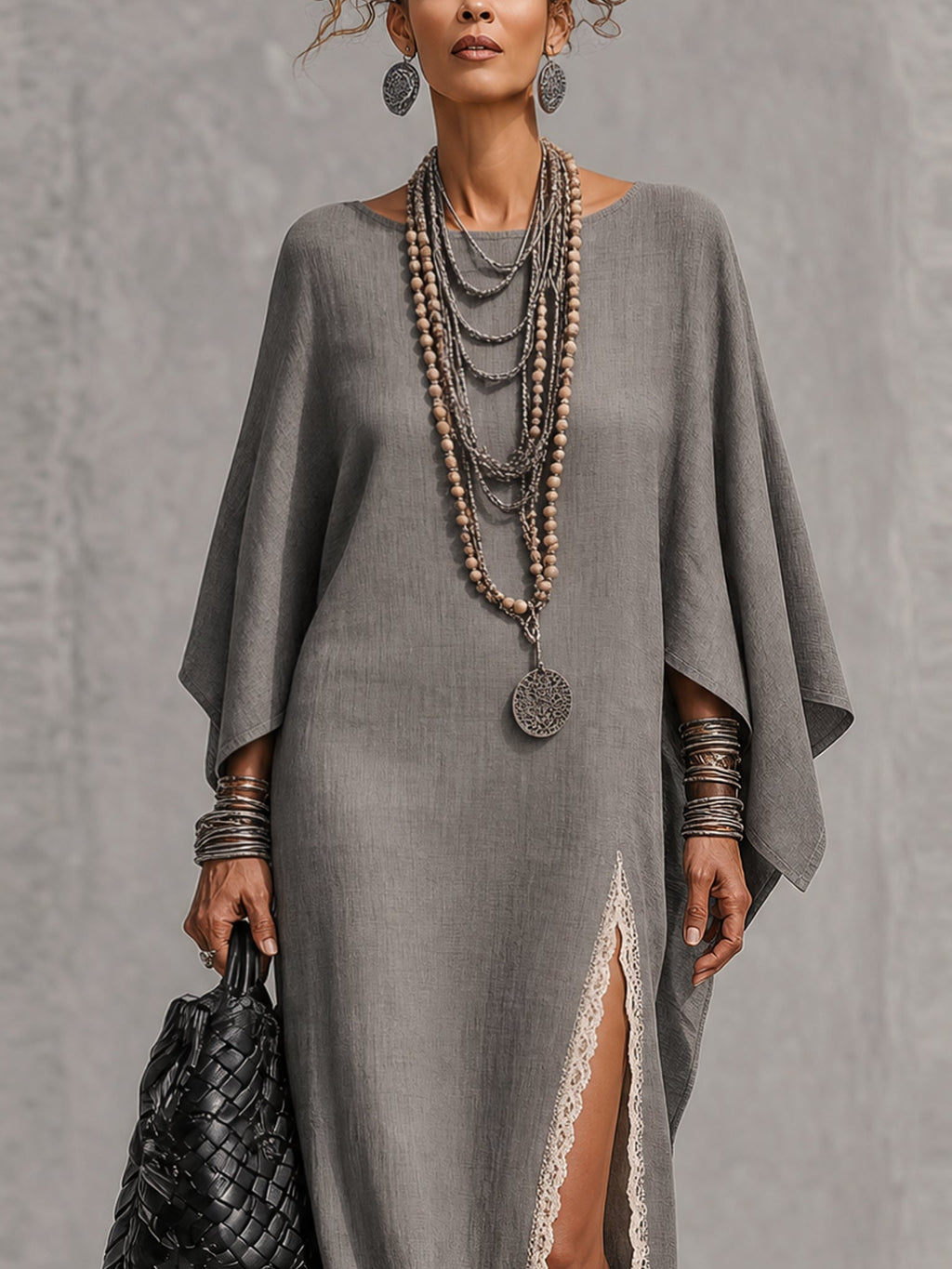 Asymmetric Lace-Trim Maxi Dress