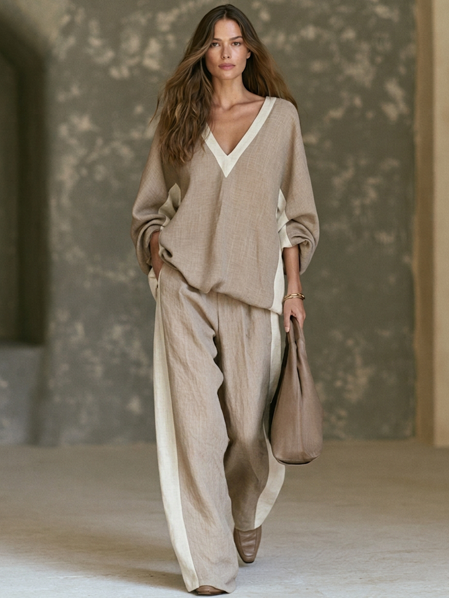 Contrast-Trim Batwing Wide-Leg Set
