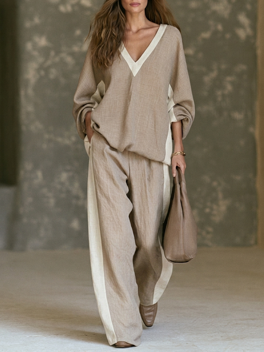 Contrast-Trim Batwing Wide-Leg Set