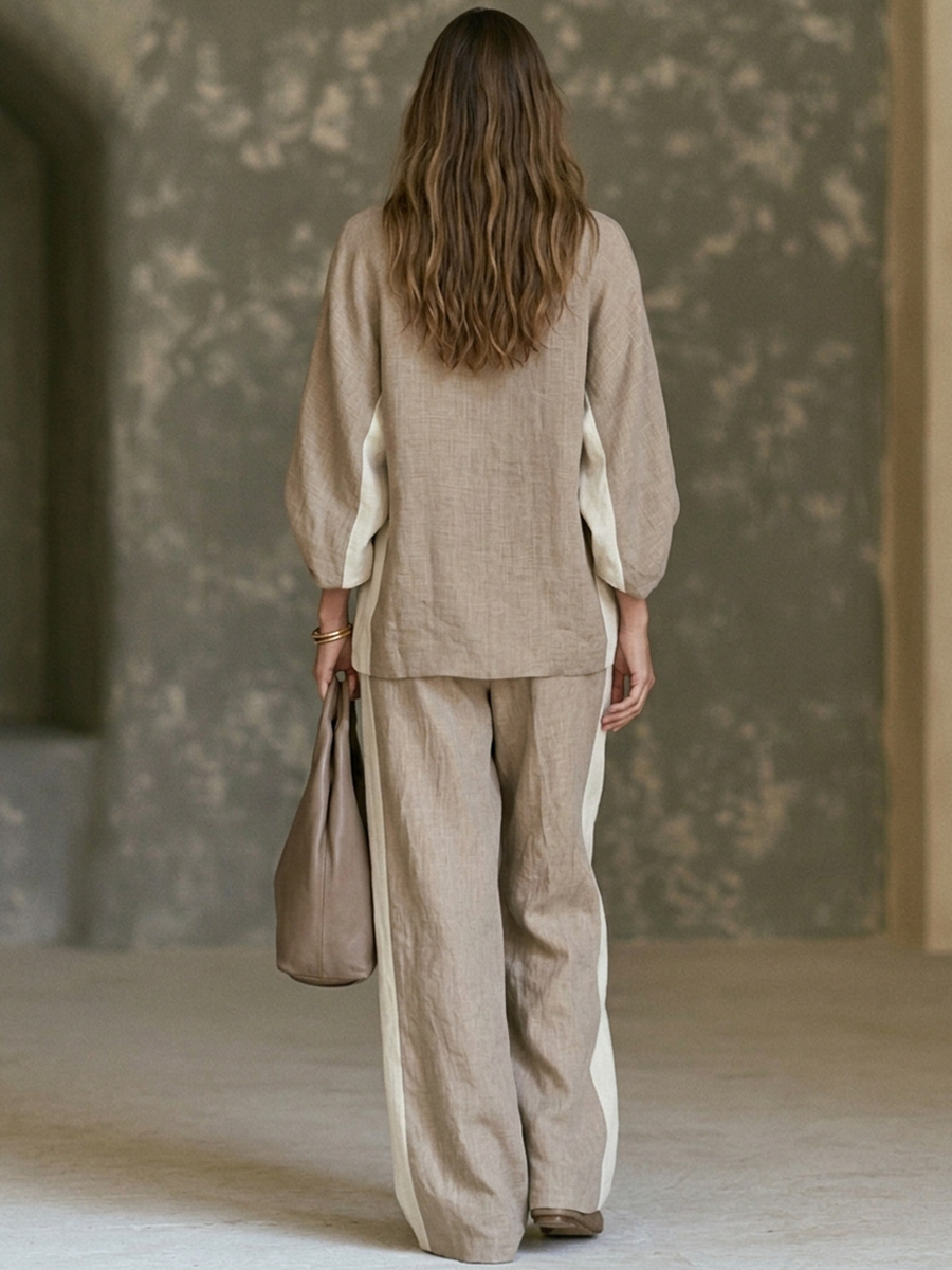 Contrast-Trim Batwing Wide-Leg Set