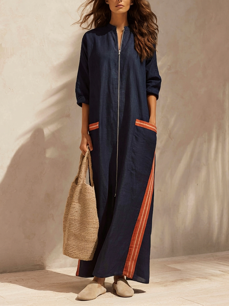 Contrast Stripe Half-Zip Maxi Dress