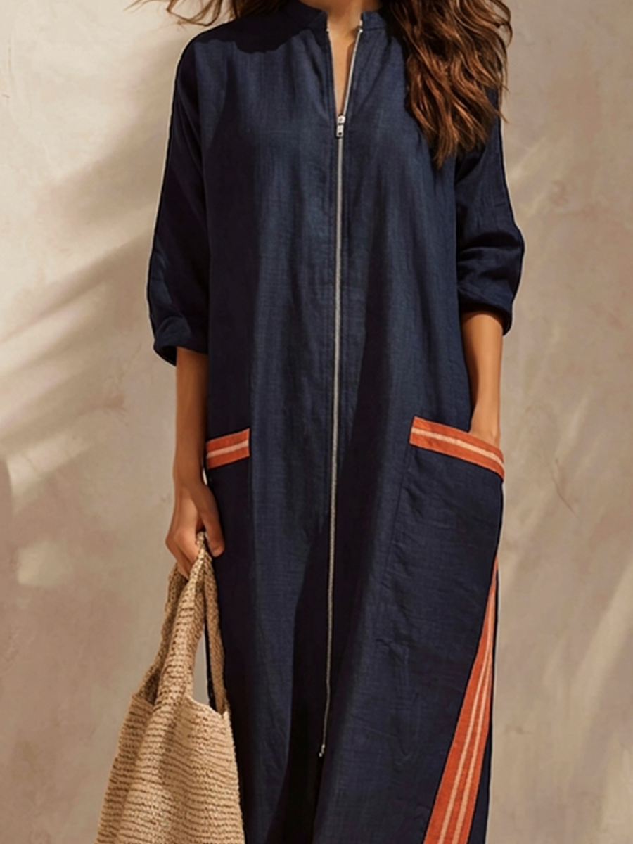 Contrast Stripe Half-Zip Maxi Dress