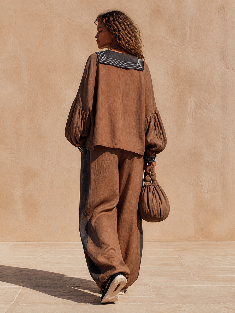Contrast-Trim Puff-Sleeve Wide-Leg Set