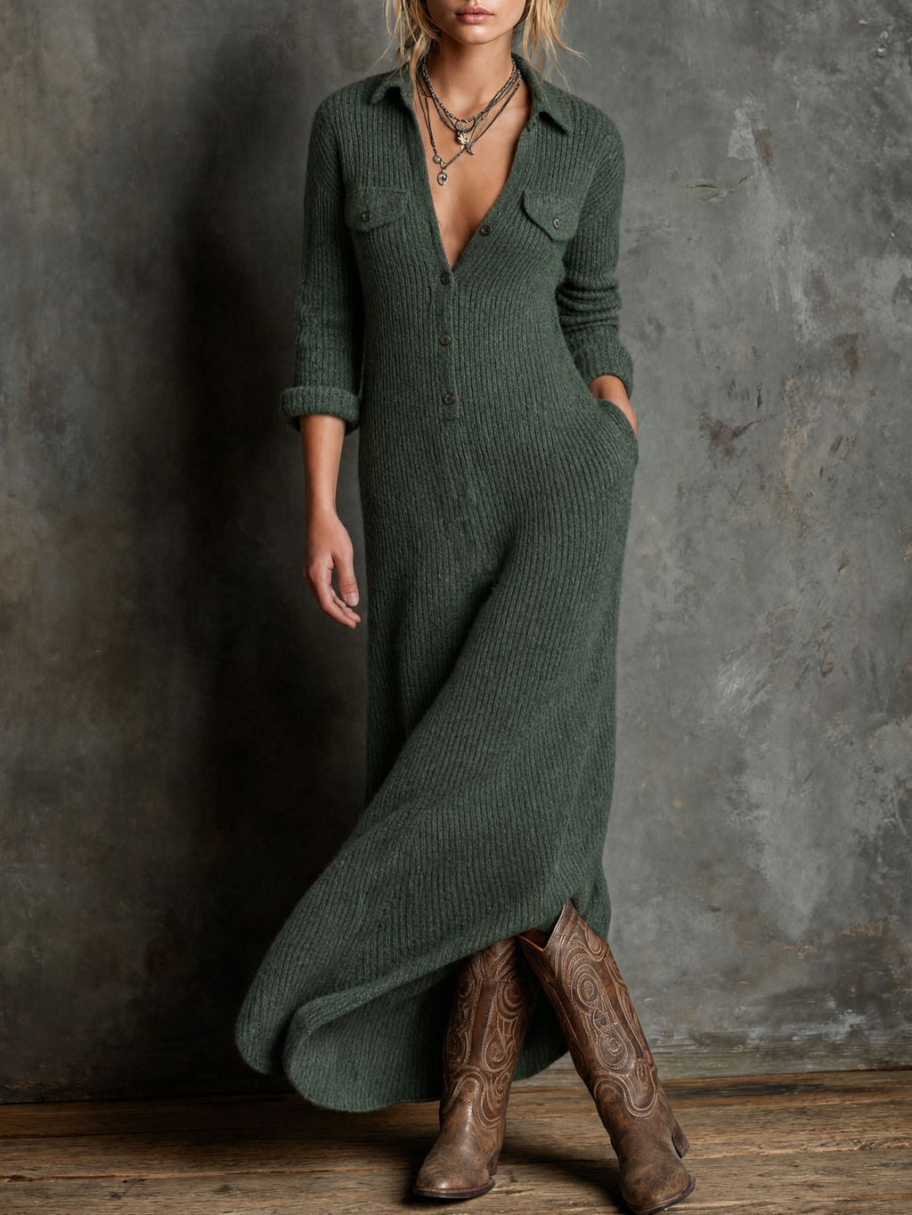 Vintage Collared Button Maxi Dress