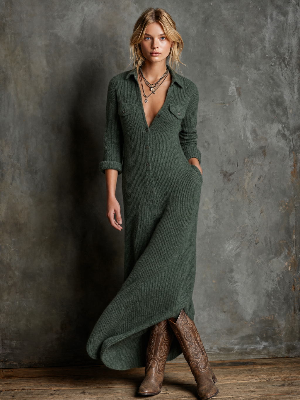 Vintage Collared Button Maxi Dress