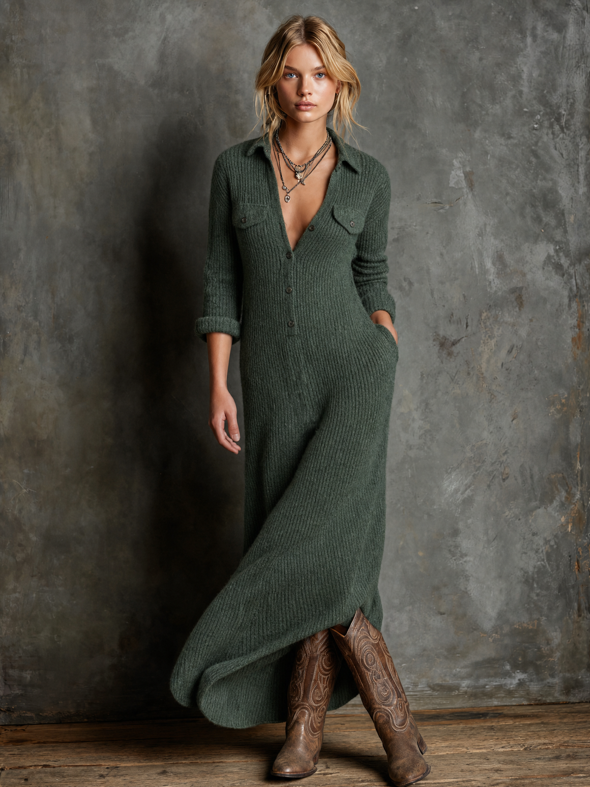 Vintage Collared Button Maxi Dress