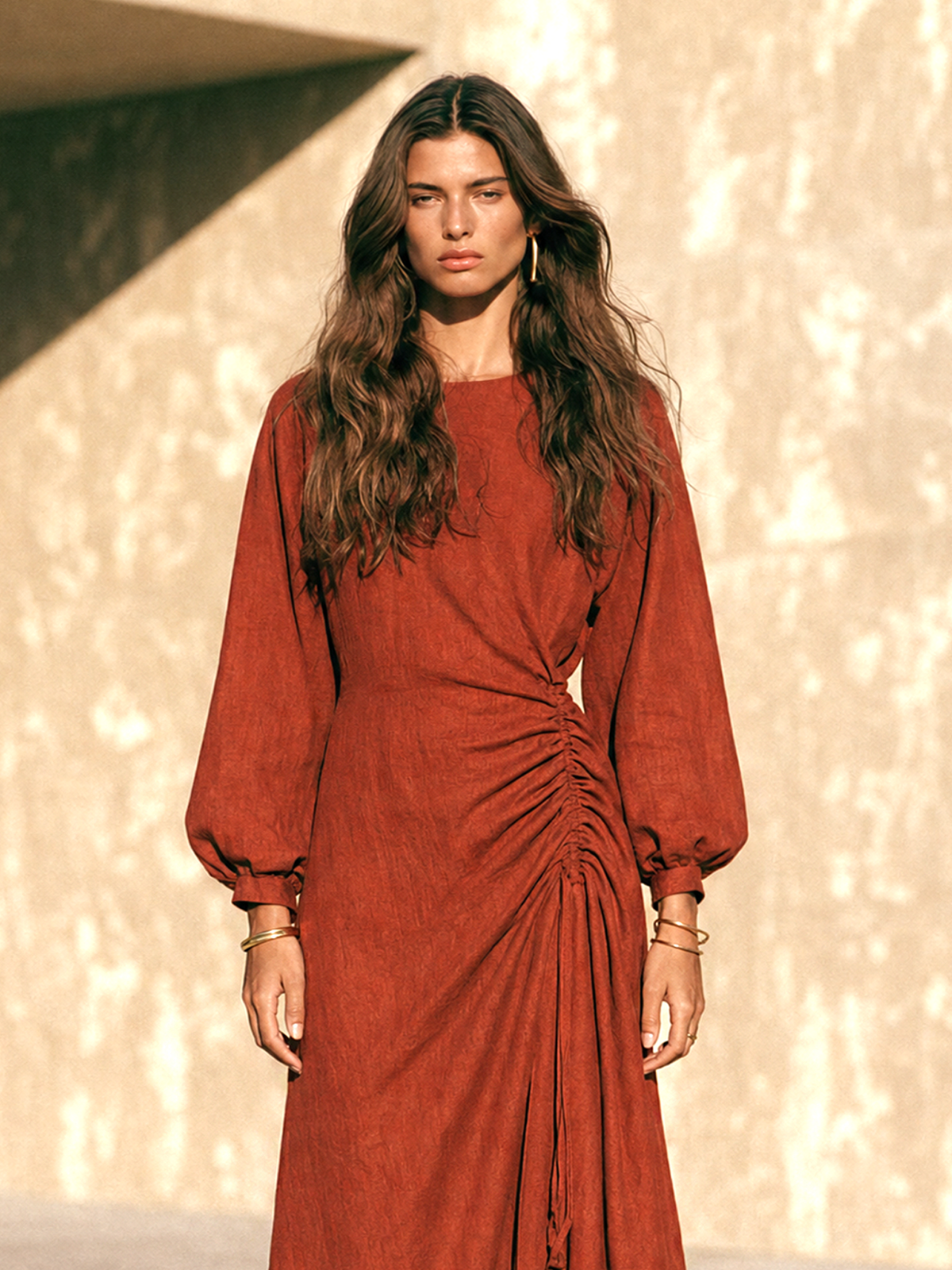 Ruched Side Long-Sleeve Maxi Dress