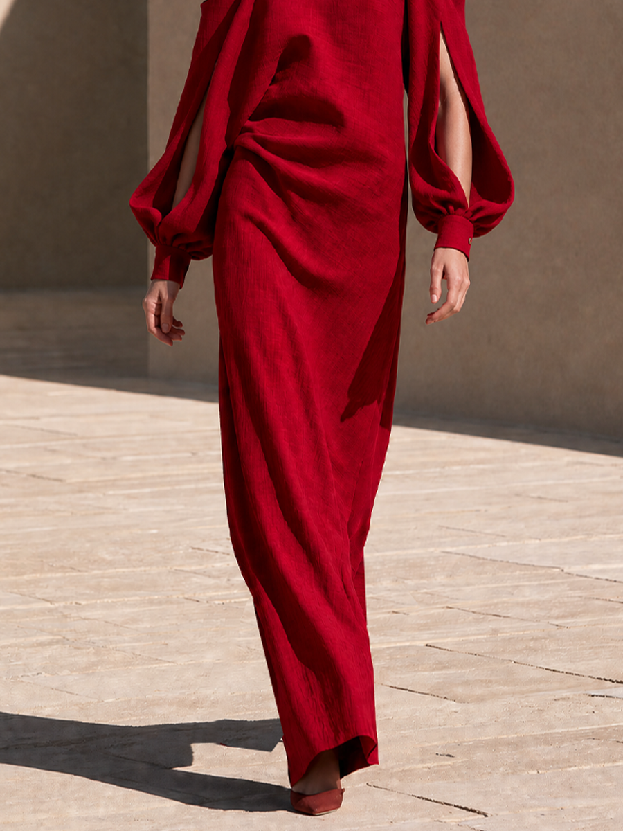Cold-Shoulder Draped Maxi Dress