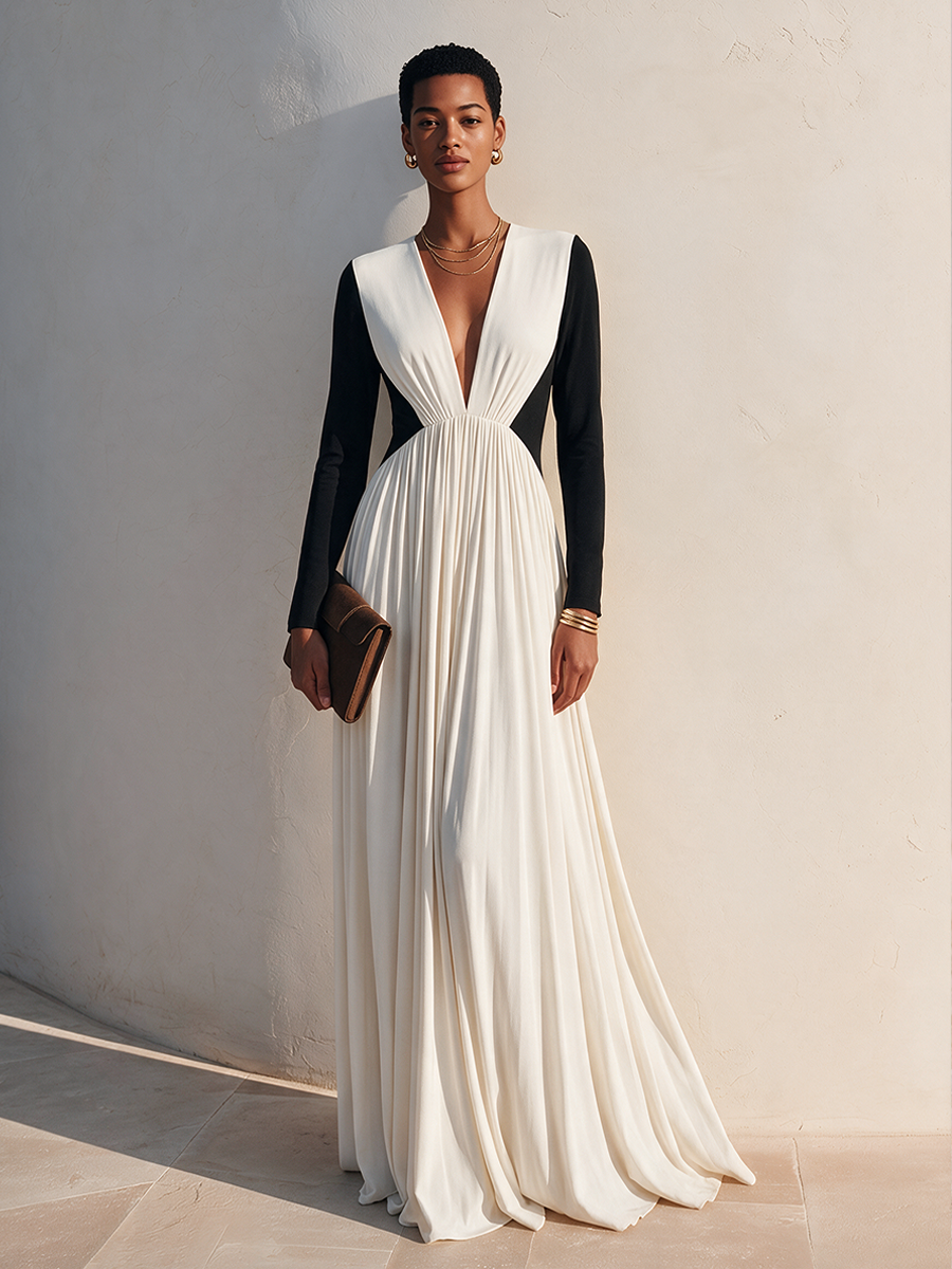 Color-Block Deep V Maxi Dress