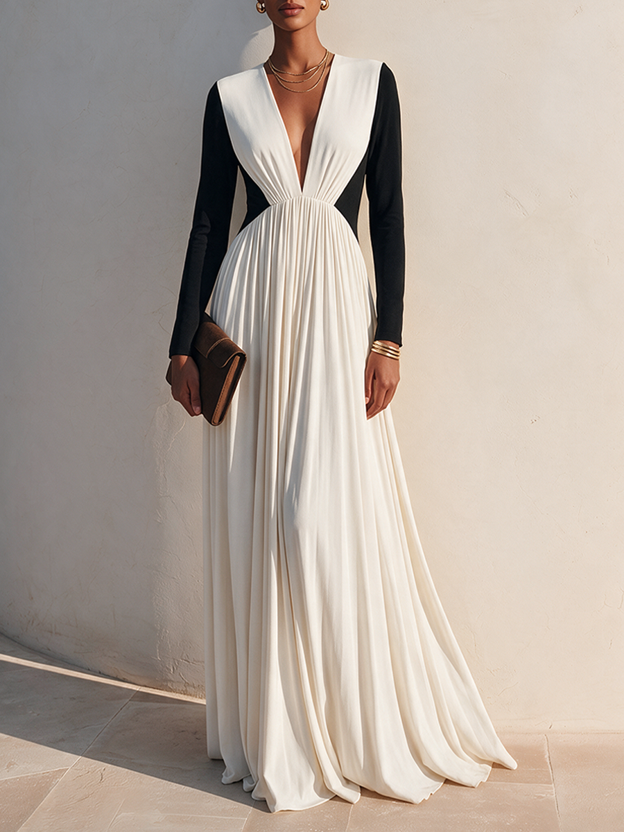 Color-Block Deep V Maxi Dress
