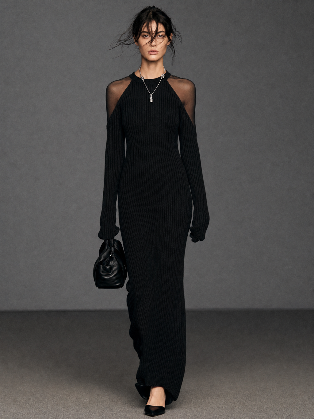 Sheer Panel Long-Sleeve Maxi Dress
