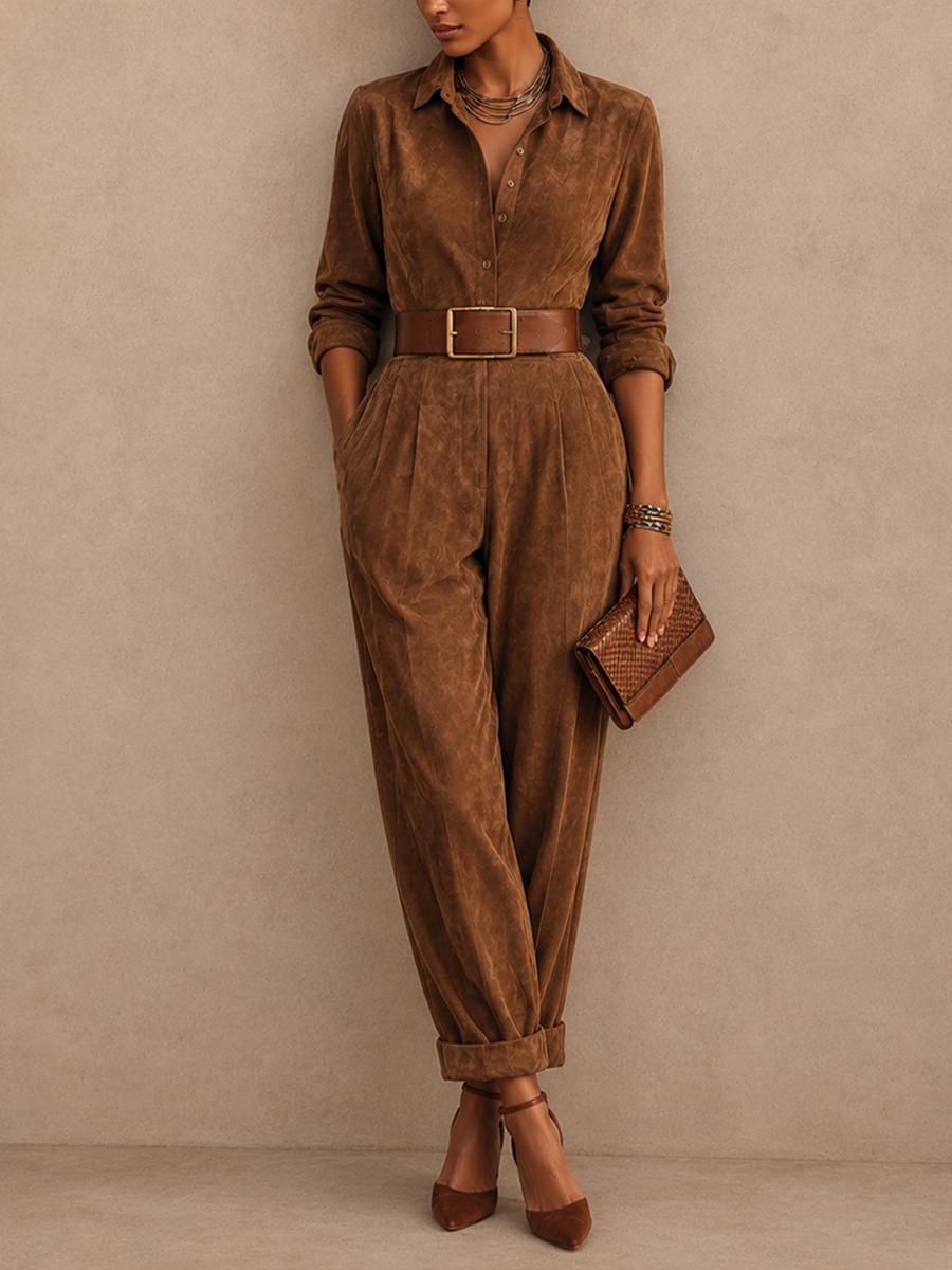 Collared Pleated Tapered Jumpsuit