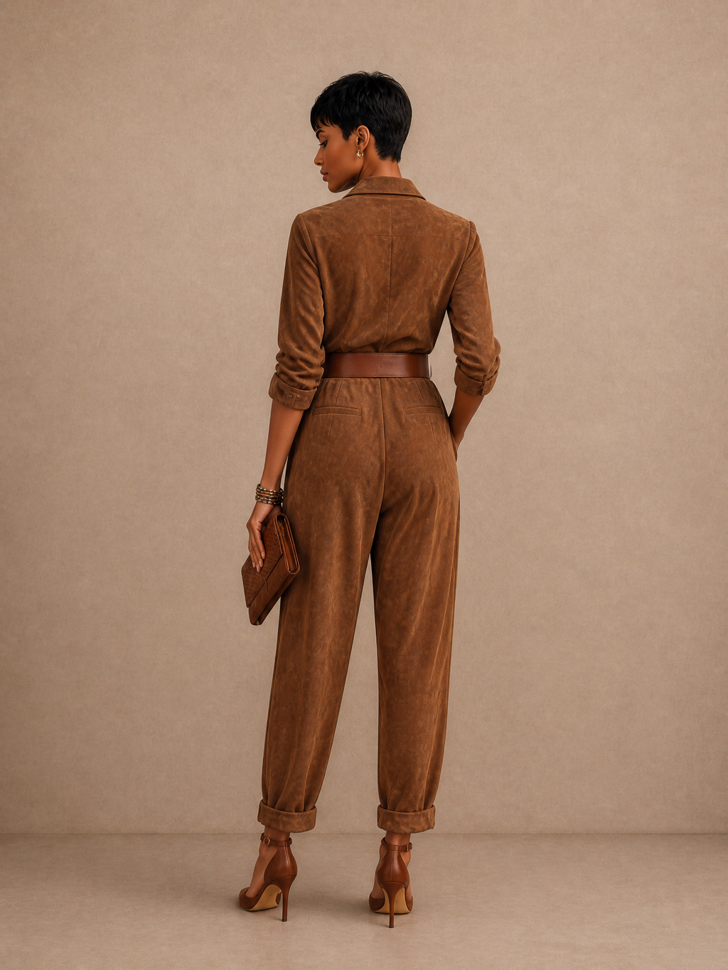 Collared Pleated Tapered Jumpsuit