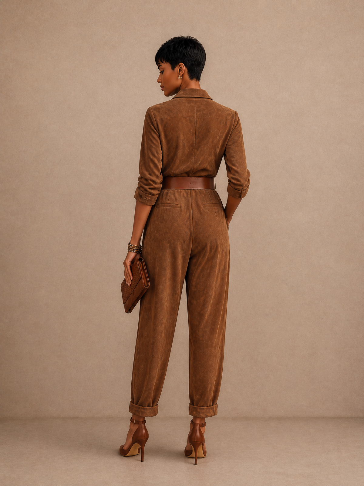Collared Pleated Tapered Jumpsuit