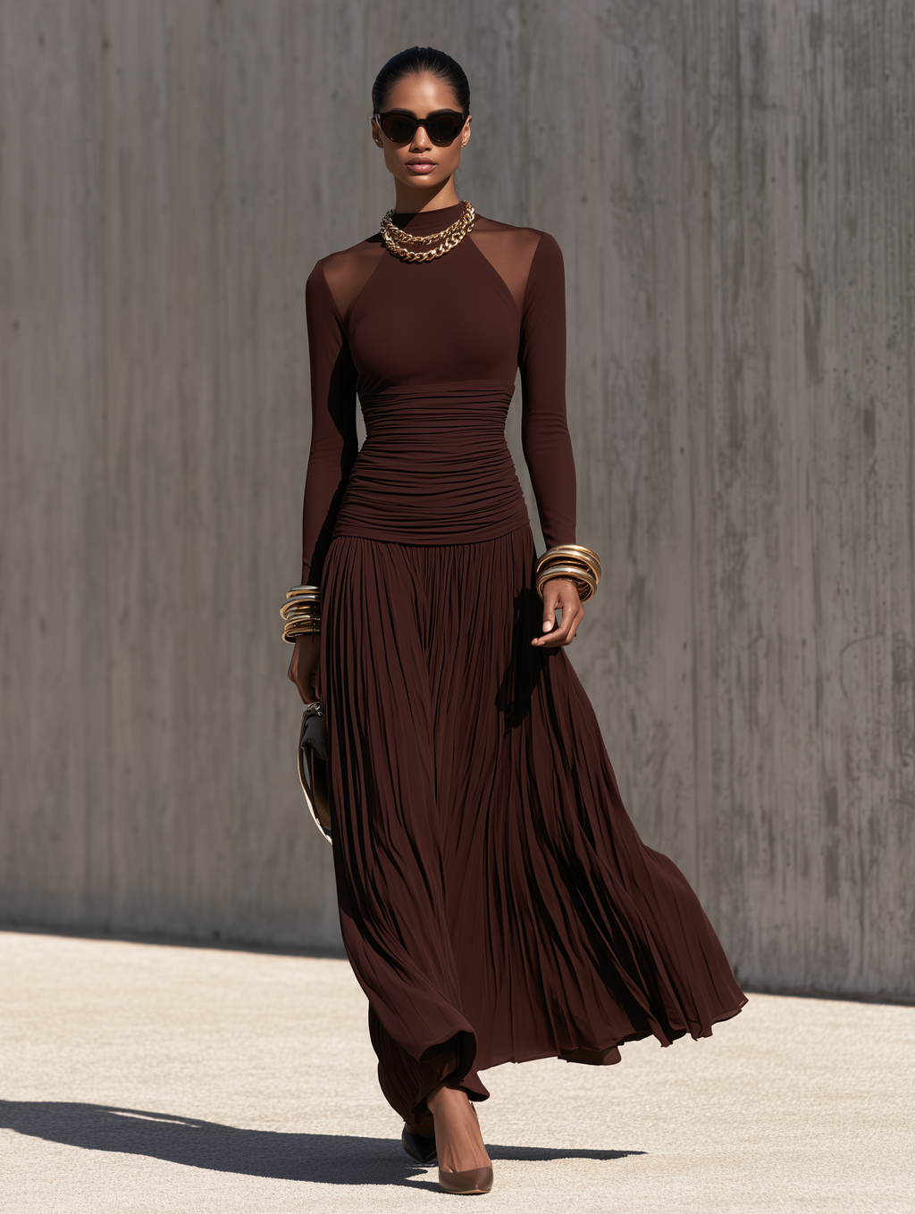 Ruched Waist Pleated Maxi Dress