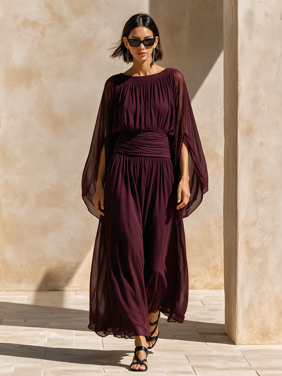 Cape Sleeve Gathered Maxi Dress