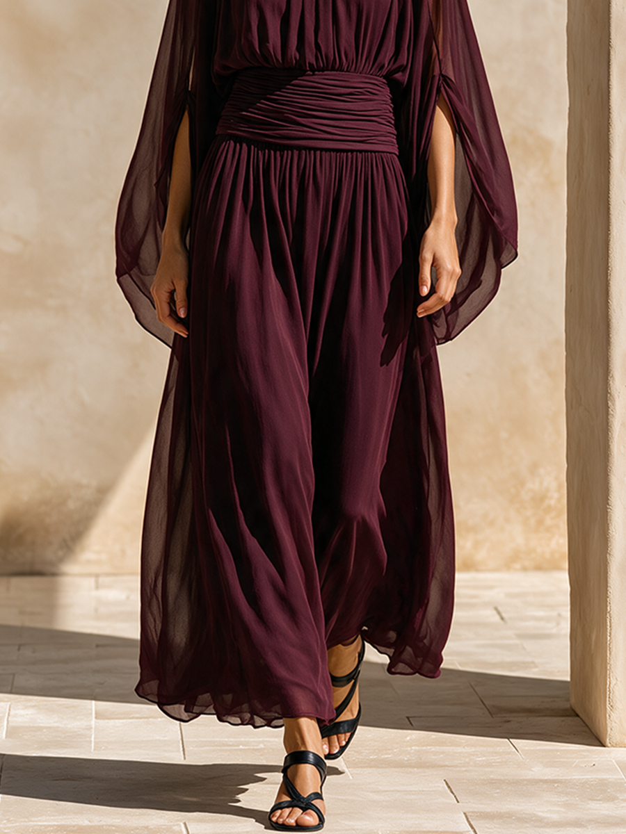 Cape Sleeve Gathered Maxi Dress