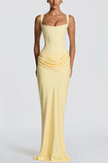 Larrah Square Neck Back Lace-up Satin Drape Hem Maxi Dress