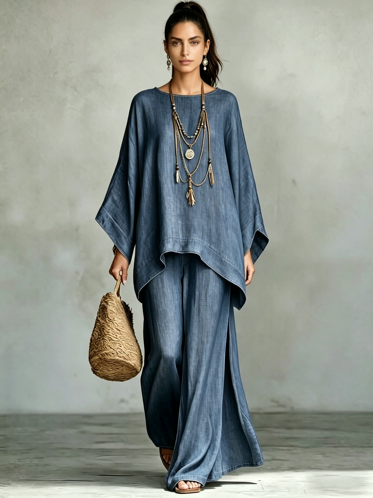 Denim Batwing Asymmetrical Top & Wide Leg Pants Set