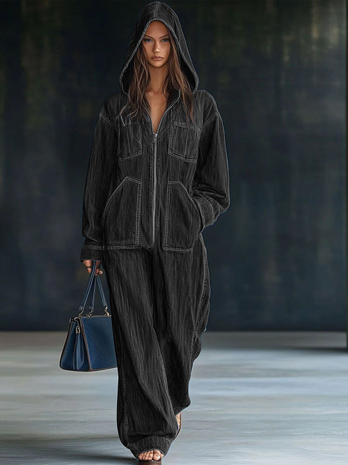 Casual Loose Retro Pocket Long Sleeve Hooded Zipper Denim Jumpsuit