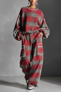 Red-Grey Plaid Contrast Sweatsuit Set