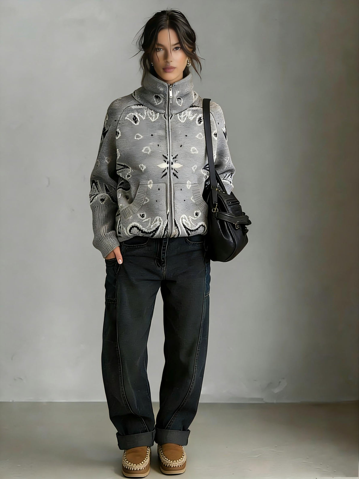 Grey Bandana Patterned Cardigan