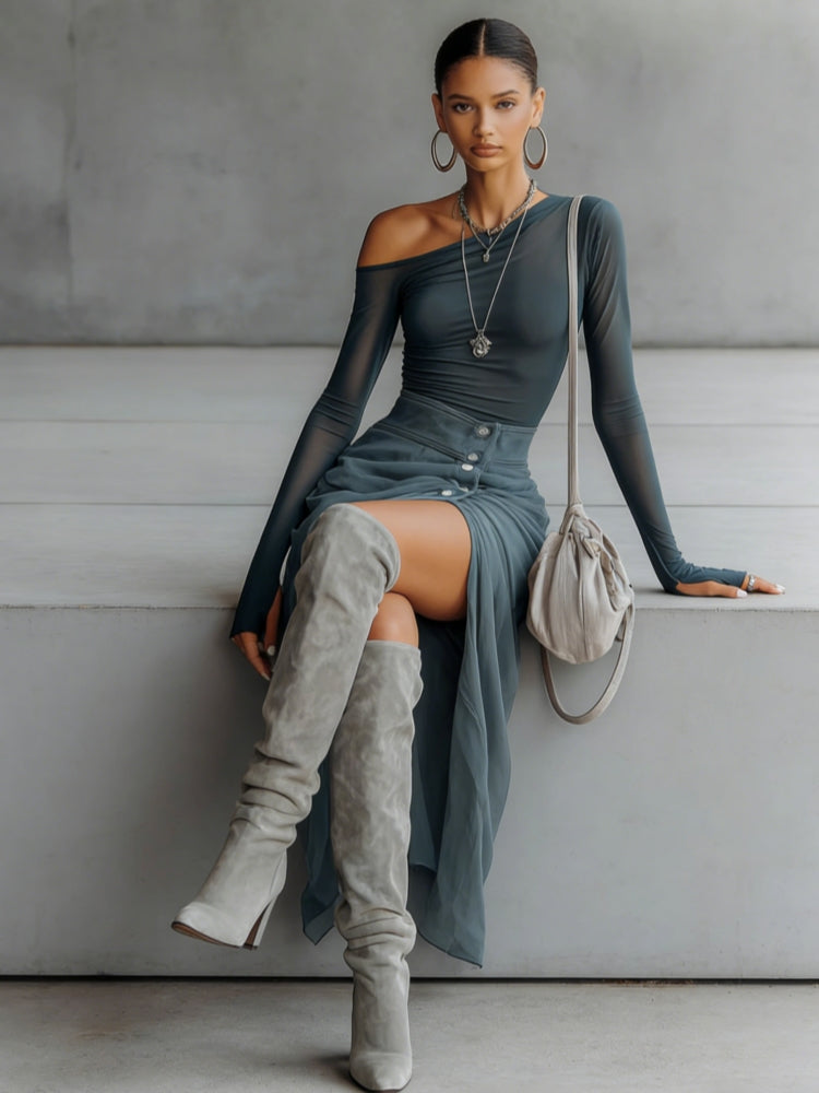 Asymmetrical Sheer Gray Cutout Set