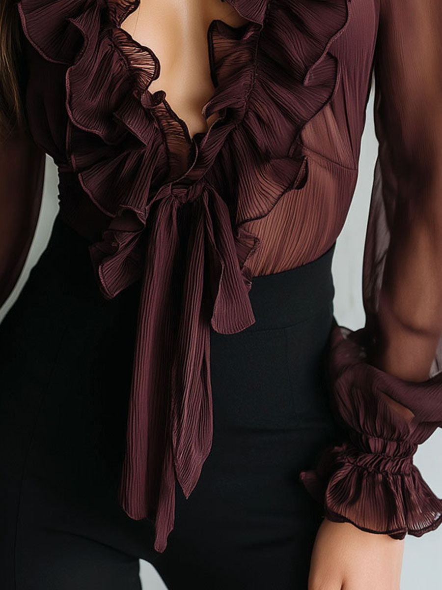 Retro Ruffle Tie-Front Blouse