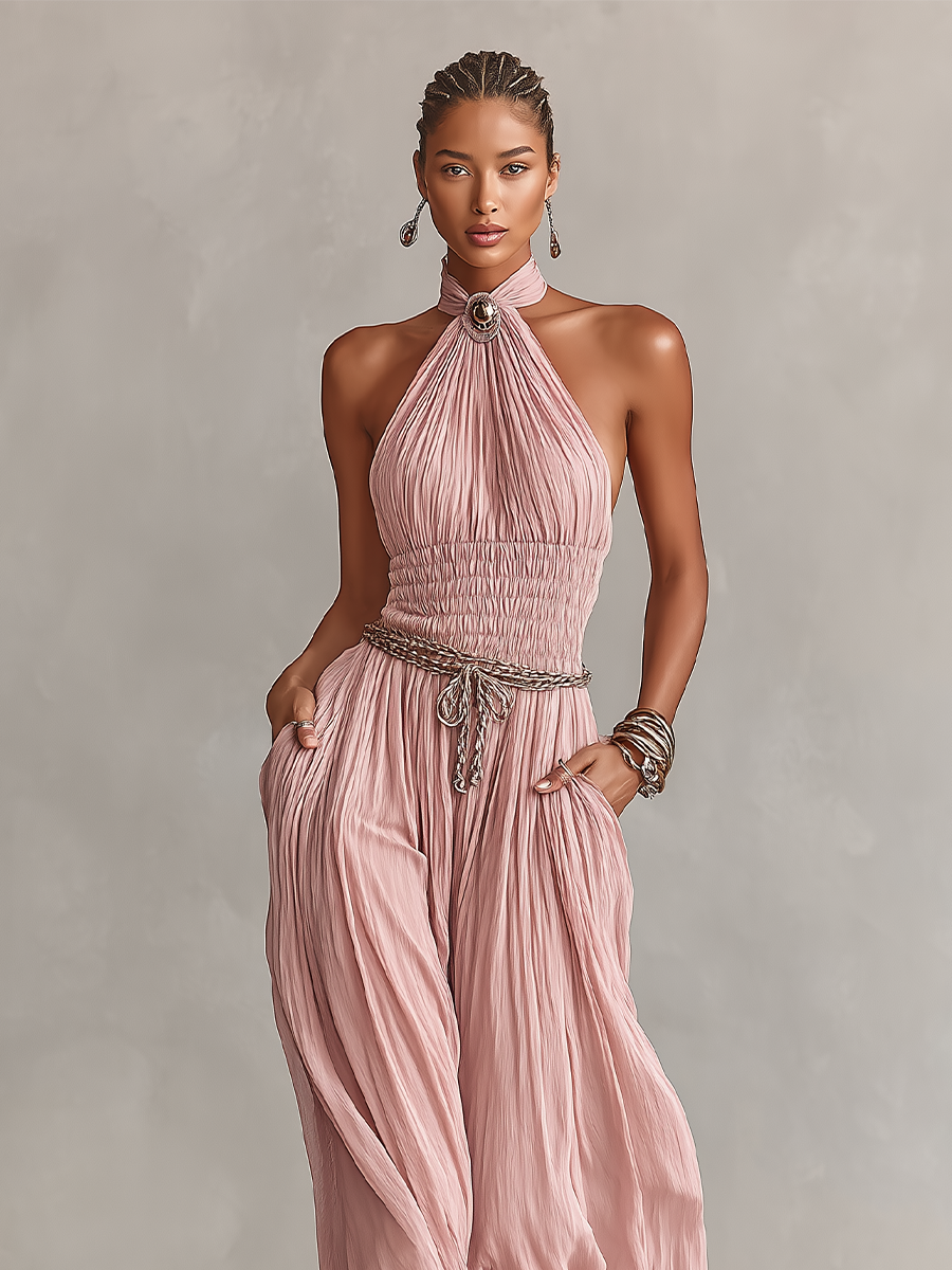 Halter Neck & Ruched Waist Pleated Jumpsuit