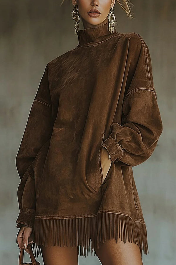 Stylish Suede High-neck Long-sleeved Loose-fitting Pockets Tassel Mini Dress
