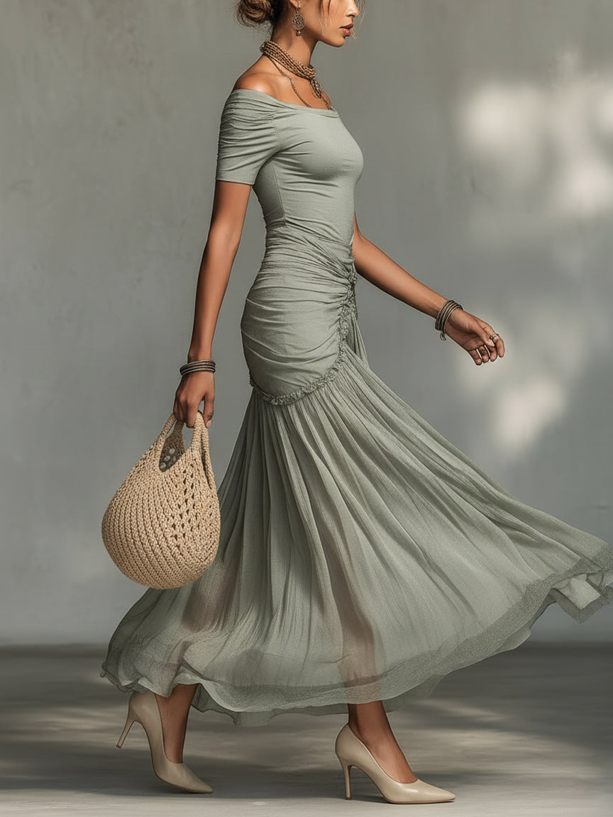 Green Stretch Fabric And Chiffon Maxi Dress