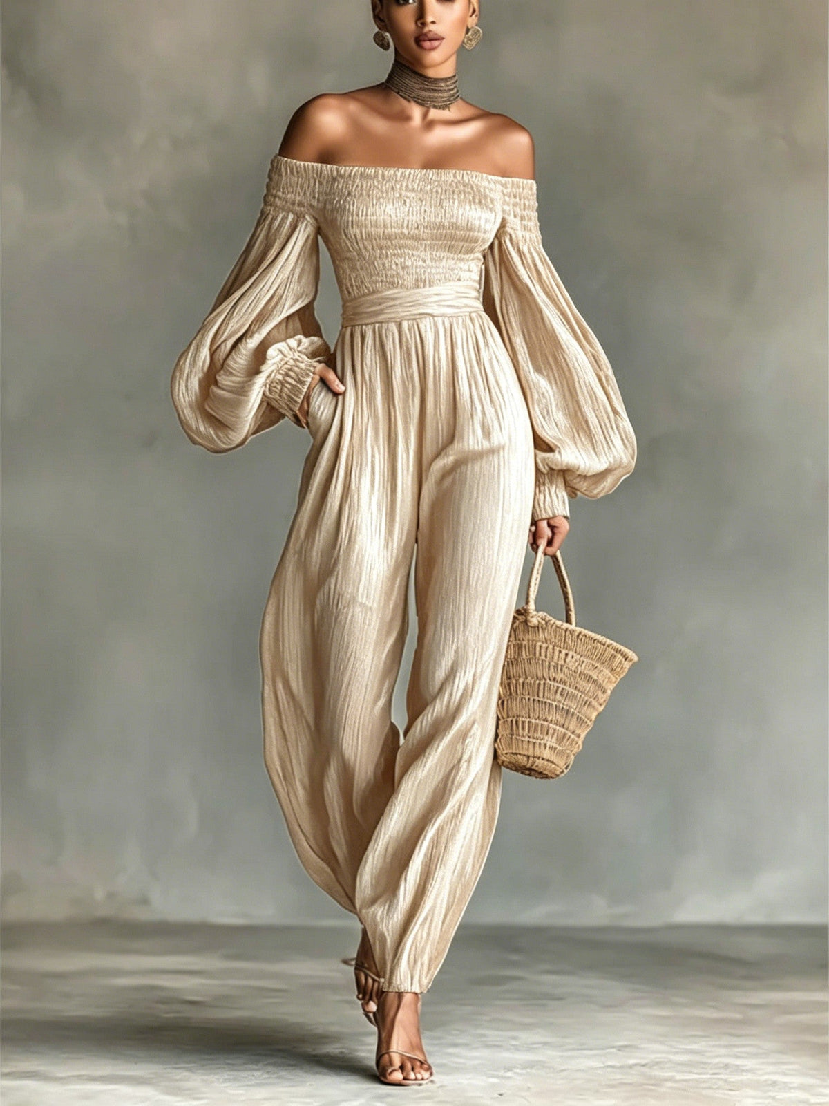 Women's Off-the-shoulder Long-sleeved Pleated Fabric Jumpsuit