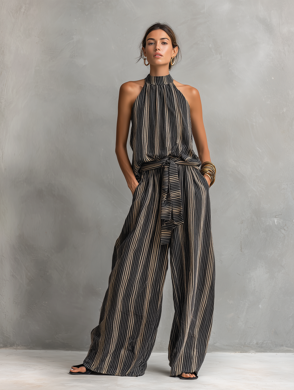 Striped Printed Woven Round Neck Sleeveless Top Paired With Trousers Set