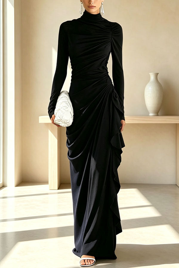 Elegant High Neck Long Sleeve Pleated Draped Fitted Maxi Dress