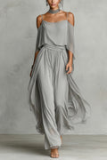 Solid Color Chiffon Off-shoulder Camisole Top and Casual Wide-leg Pants Set