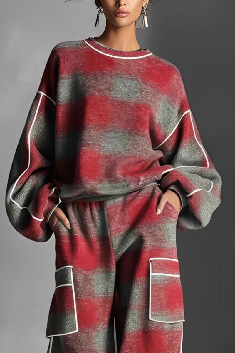 Red-Grey Plaid Contrast Sweatsuit Set