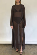 Fashionable Mesh See-through Round Neck Long Sleeve Tie Bow Slit Maxi Dress