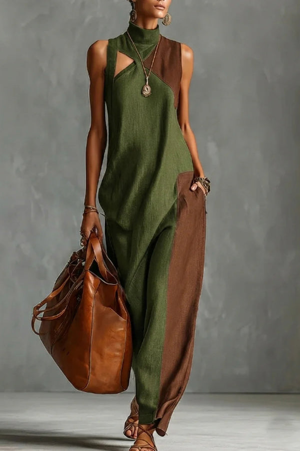 Stylish Color-blocked High-neck Sleeveless Casual Pocket Maxi Dress