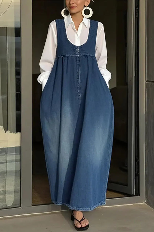 Stylish Sleeveless Loose-fitting Pocket Casual Denim Maxi Dress