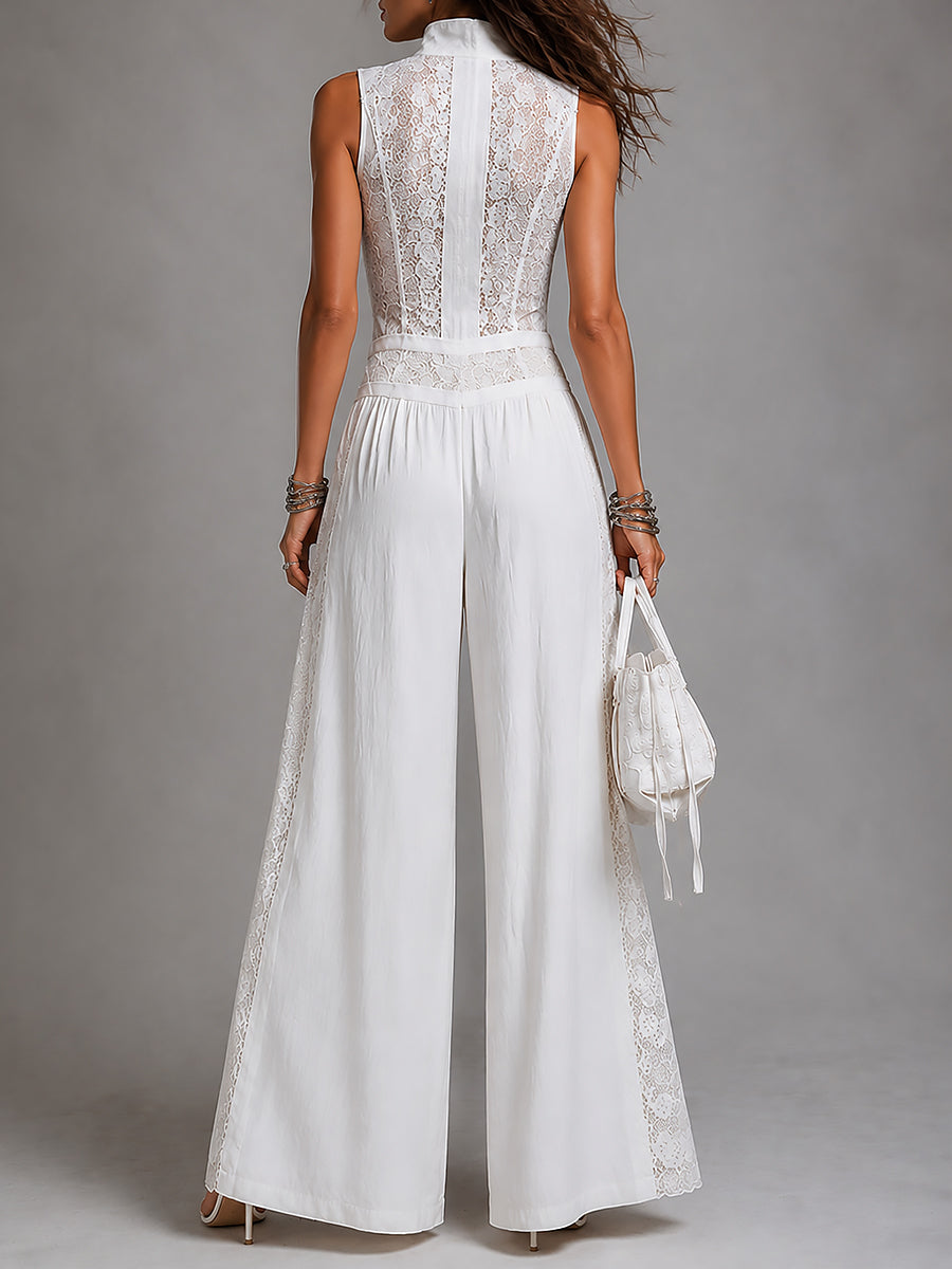Retro Stand-Collar Wide-Leg Jumpsuit