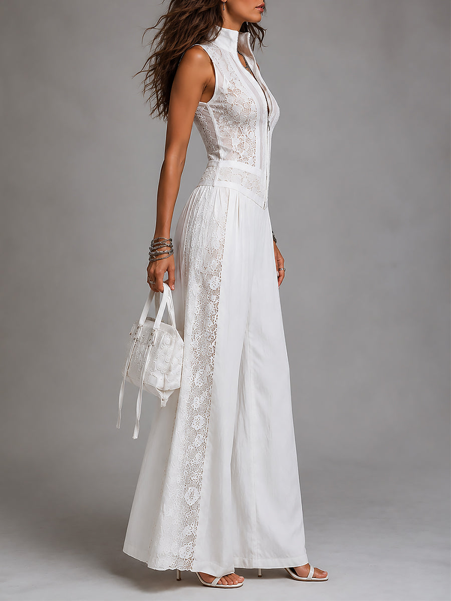 Retro Stand-Collar Wide-Leg Jumpsuit