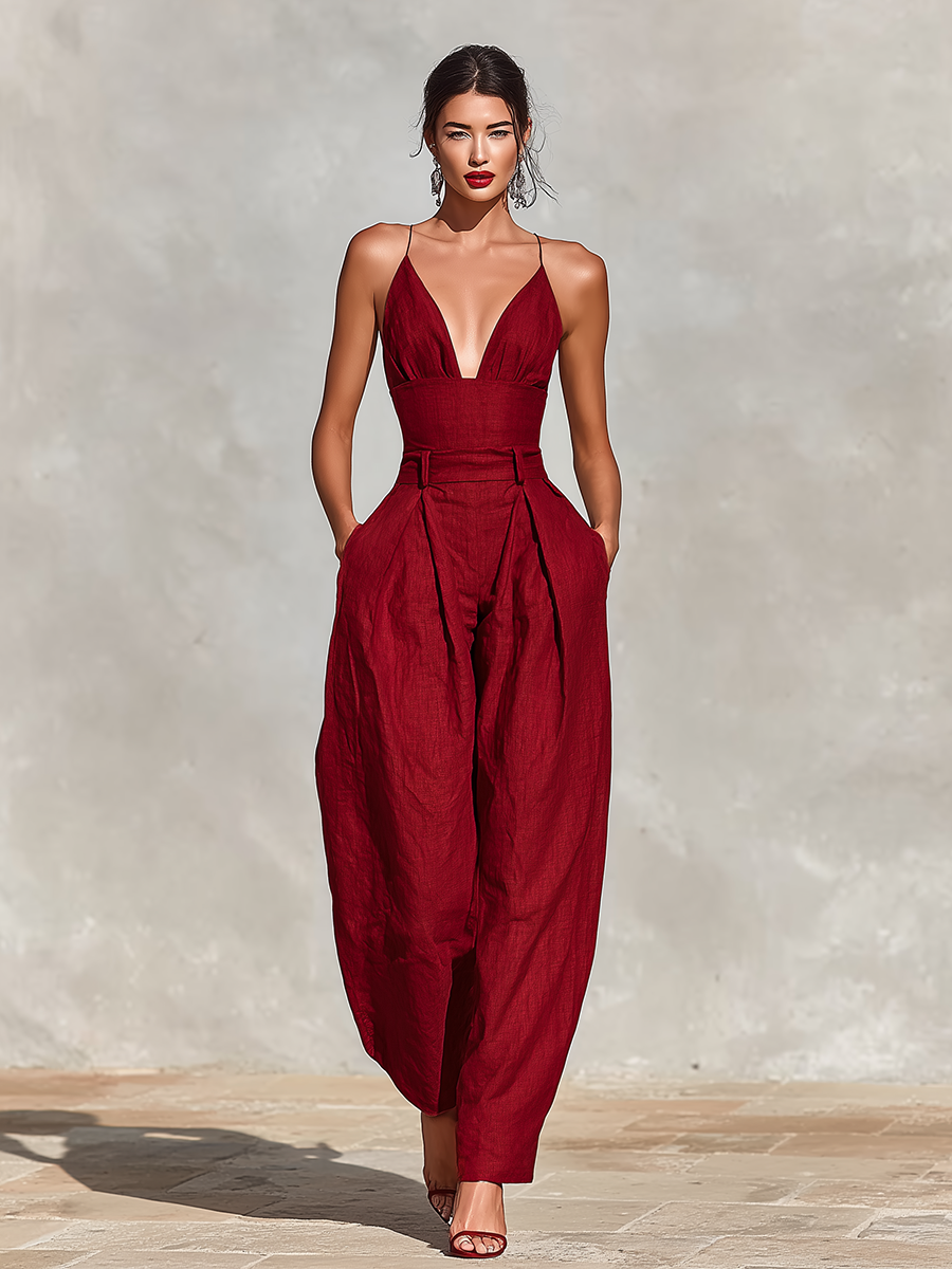 Spaghetti Straps & High-Waisted Pleated Jumpsuit