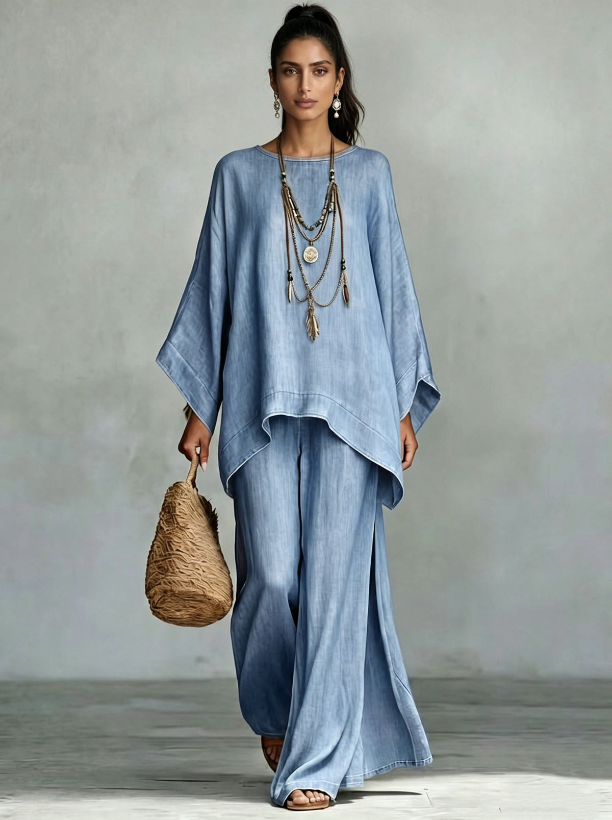 Denim Batwing Asymmetrical Top & Wide Leg Pants Set