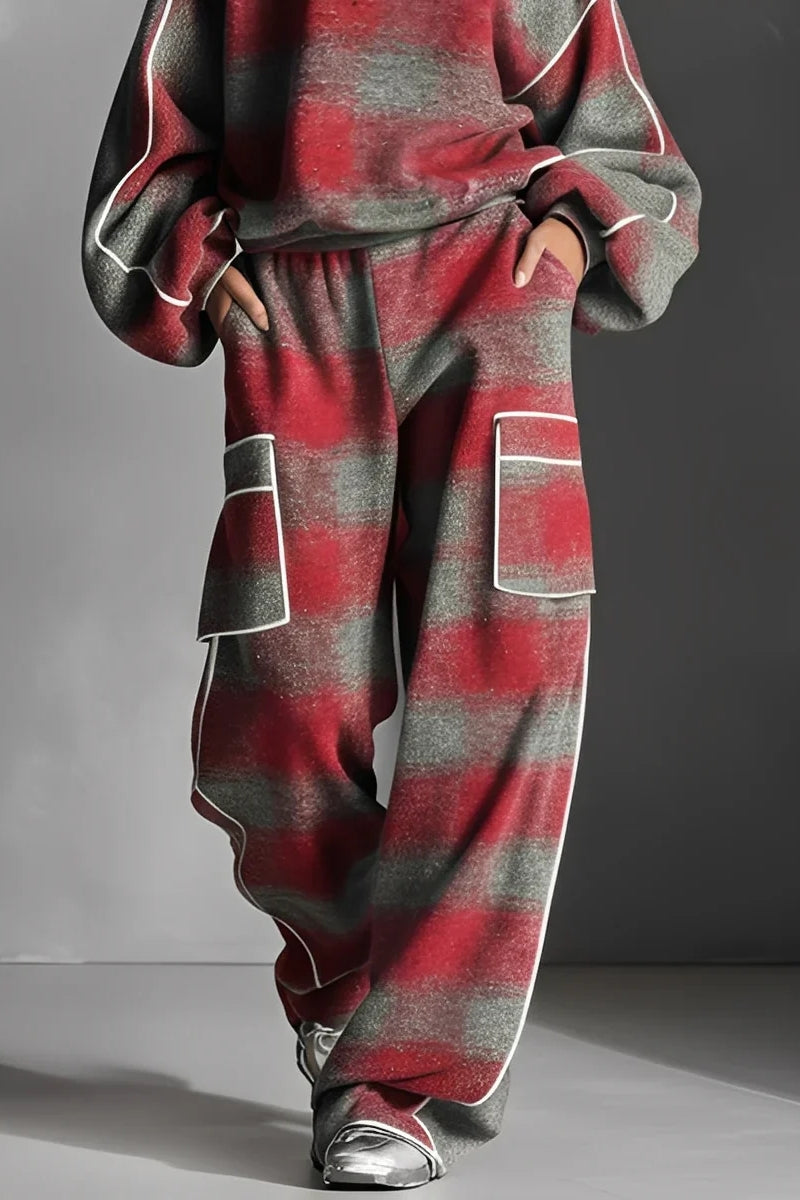 Red-Grey Plaid Contrast Sweatsuit Set