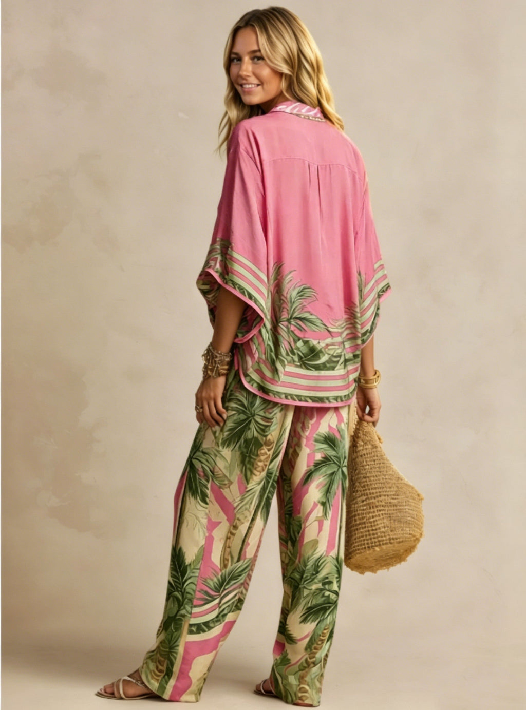 Effortless Palm-Print Kimono Two-Piece Set
