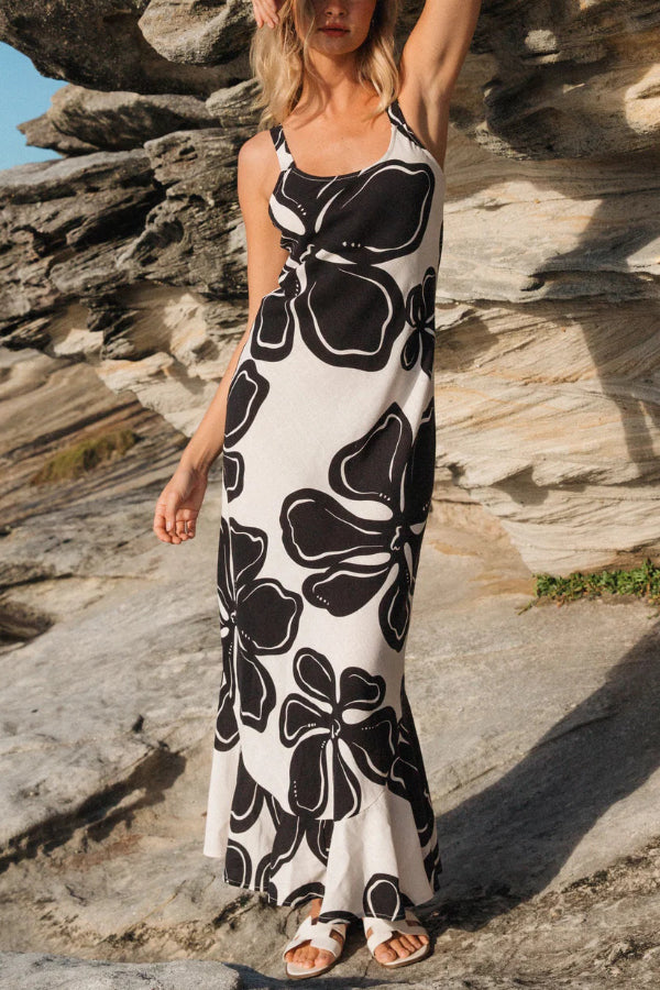 Color-blocked Floral Print Sleeveless Slim-fit Elegant Ruffled Hem Maxi Dress