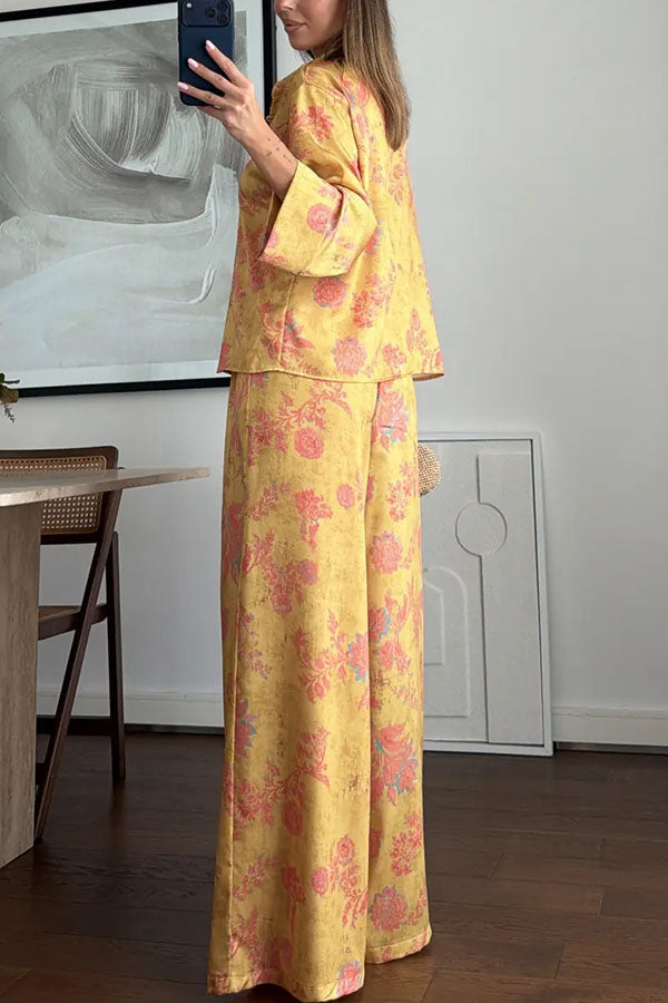 Floral Print Satin Knotted Button Long Sleeve Shirt and Elastic Waist Pocket Wide Leg Pants Set