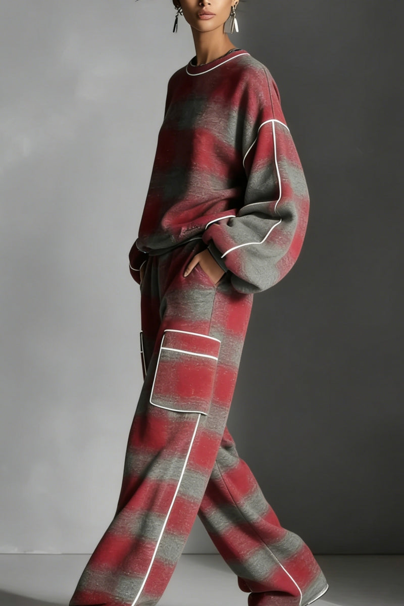 Red-Grey Plaid Contrast Sweatsuit Set