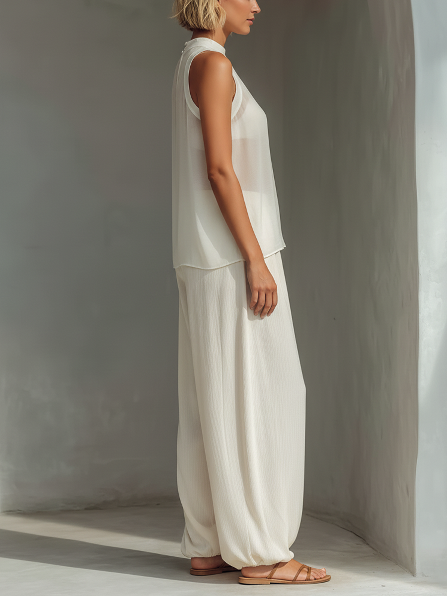 Semi-sheer Chiffon Sleeveless Top & Cotton And Linen Blend Drawstring Wide-Leg Trousers