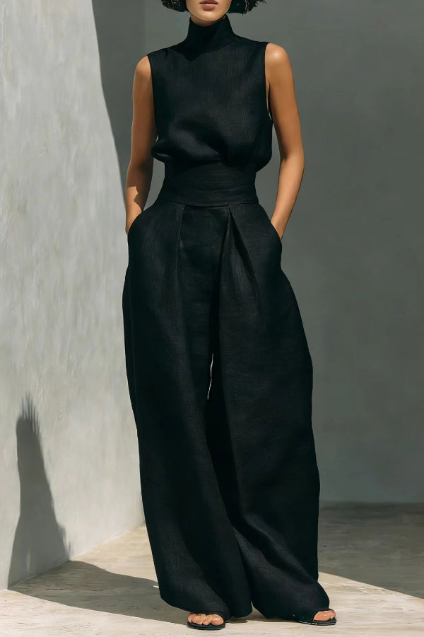 Linen Blend Solid Color Turtleneck Sleeveless Top and Casual High-waisted Elastic Waist Pocket Wide-leg Pants Set